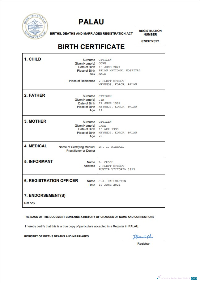 Download Palau birth certificate Word and PDF template Photoshop template